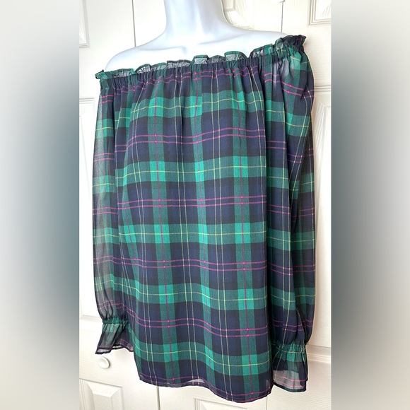 TALBOTS Petite Plaid Popover Blouse Top Shirt Tartan Flowy Green Black Pink - Picture 8 of 14